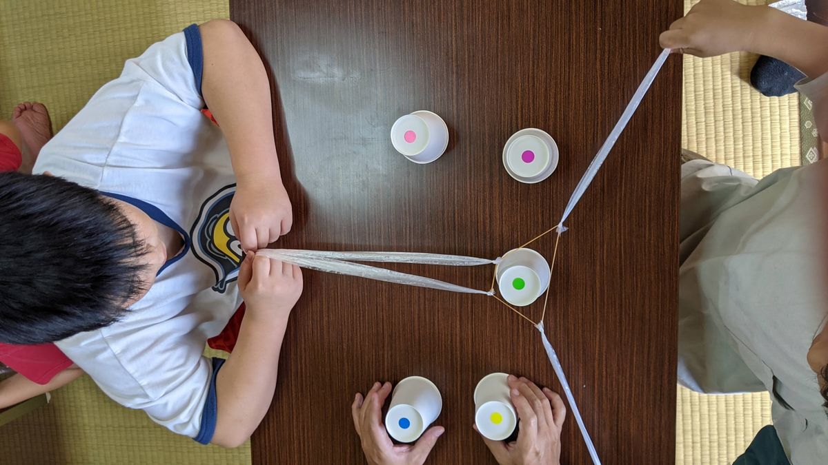 輪ゴムに何本ものひもを結んだ道具と、色シールを貼った紙コップ