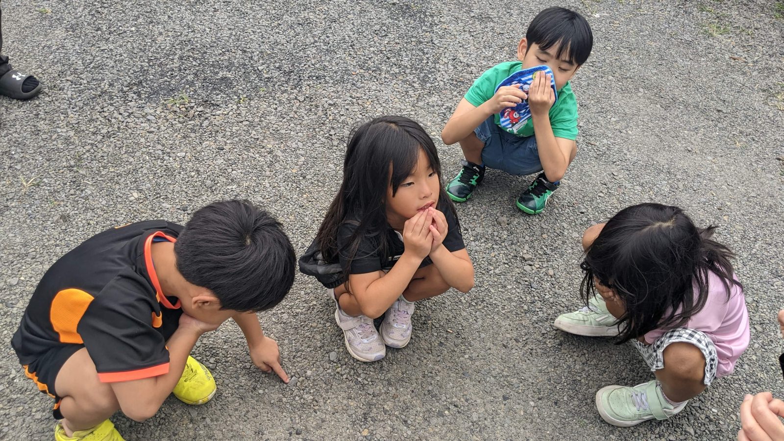 敷地内で姿勢を低くしてしゃがみ、周りを確認しながら避難する子どもたち